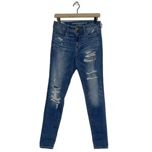 American Eagle Size 4 Super Stretch Hi Rise Jegging Distressed Skinny Blue Jeans